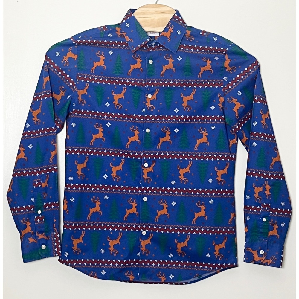 Reindeer Christmas Tree Button Down Shirt Mens Medium Blue North Pole Trading Co